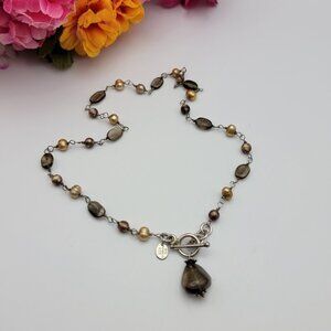 DG MEXICO 925 Sterling Silver Smoky Quartz And Golden Pearl Necklace 18"